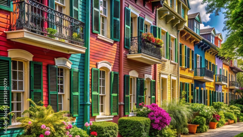 Fototapeta premium Colorful Historic Townhouses with Flower Filled Balconies in Sunlight