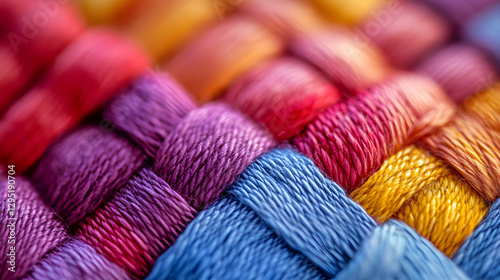 of colorful fabric weave with interlaced threads creating texture 