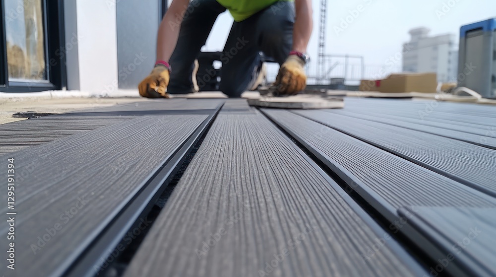 Fototapeta premium Worker installing composite decking on rooftop patio, modern building in background