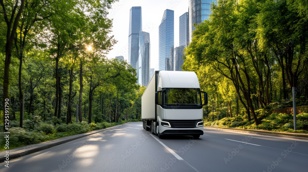 Obraz premium Sustainable electric truck driving through green urban landscape