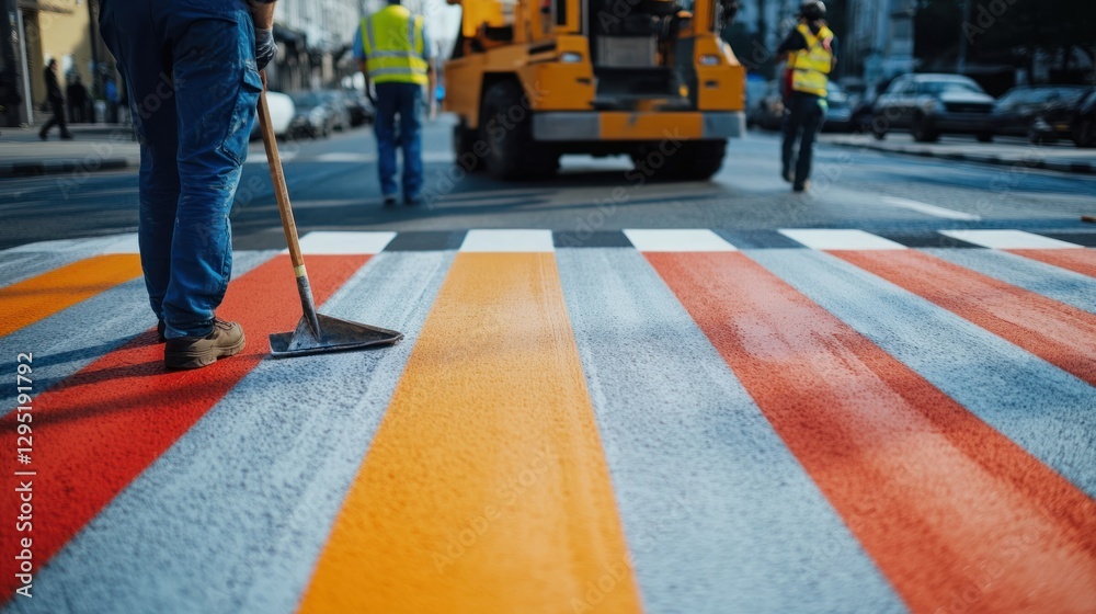 Obraz premium Worker painting colorful crosswalk, city street background, construction