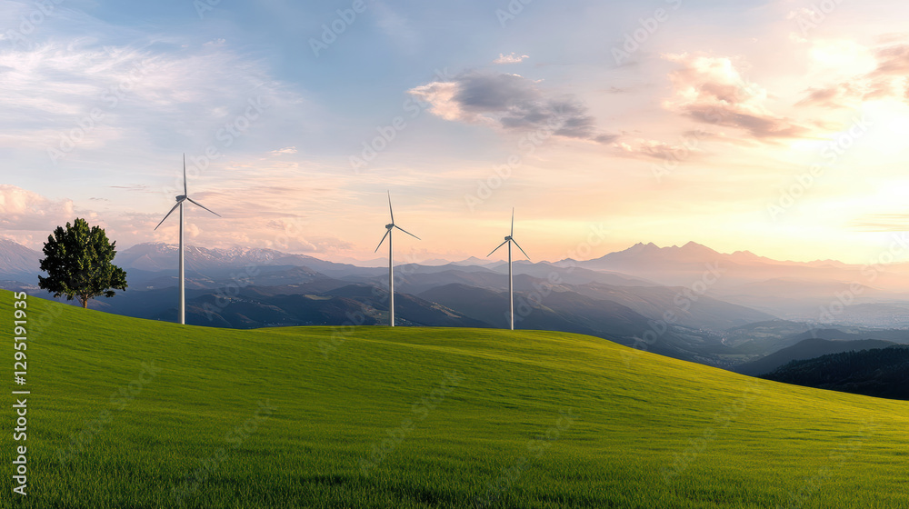 serene landscape featuring wind turbines on green hill at sunset serene landscape featuring wind turbines on green hill at sunset