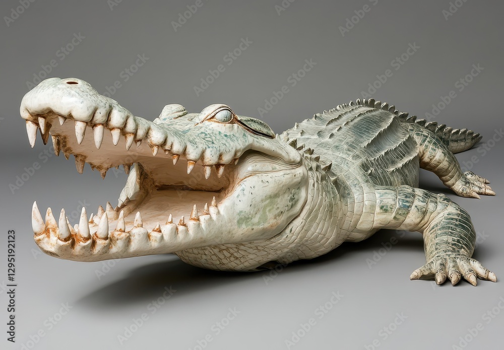 Fototapeta premium Realistic Sculpture of a Crocodile with Open Mouth, Showcasing Intricate Details and Textures, Perfect for Animal Art and Wildlife Enthusiasts