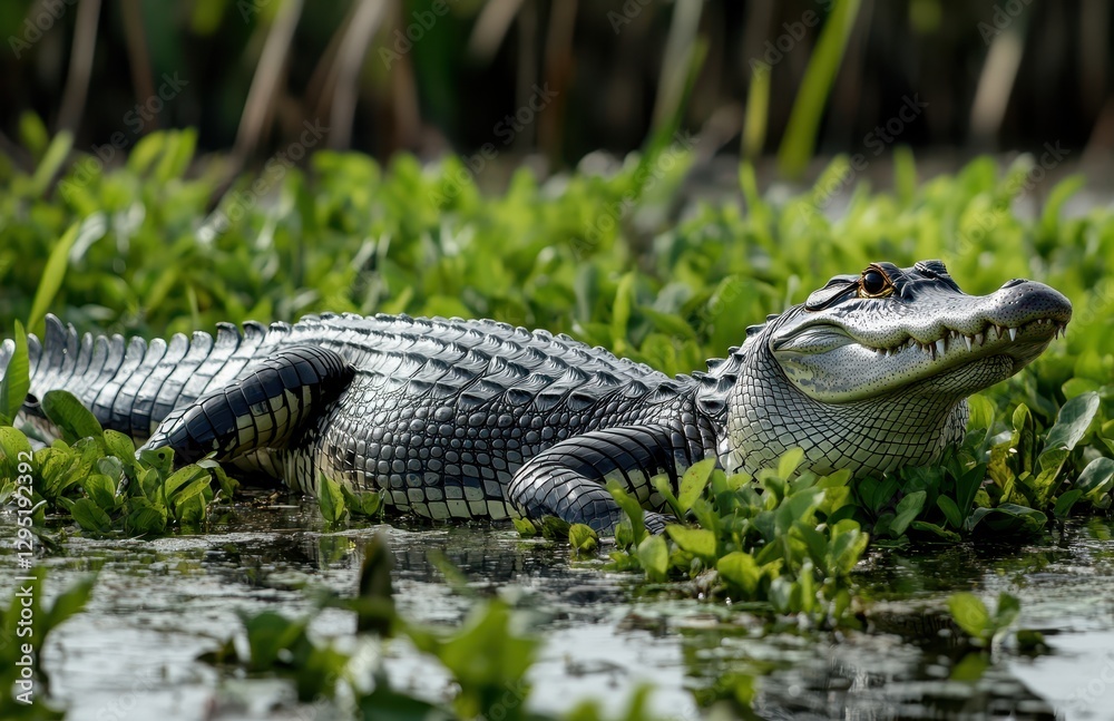 Fototapeta premium Serene Alligator Resting Among Vibrant Green Water Plants in Natural Habitat Captured Under Soft Light