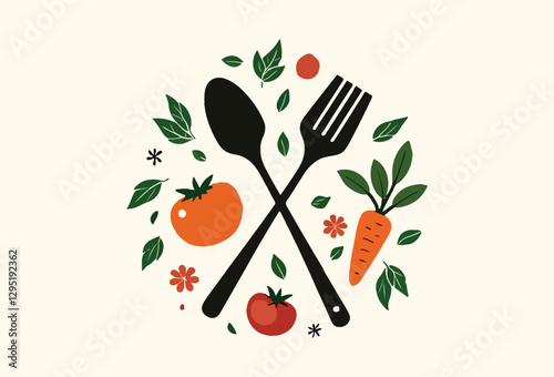 Healthy Food Logo - Spoon and Fork with Vegetables and Herbs