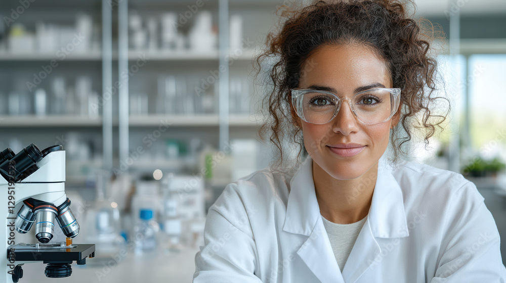 Fototapeta premium scientist with glasses smiling in laboratory with microscope