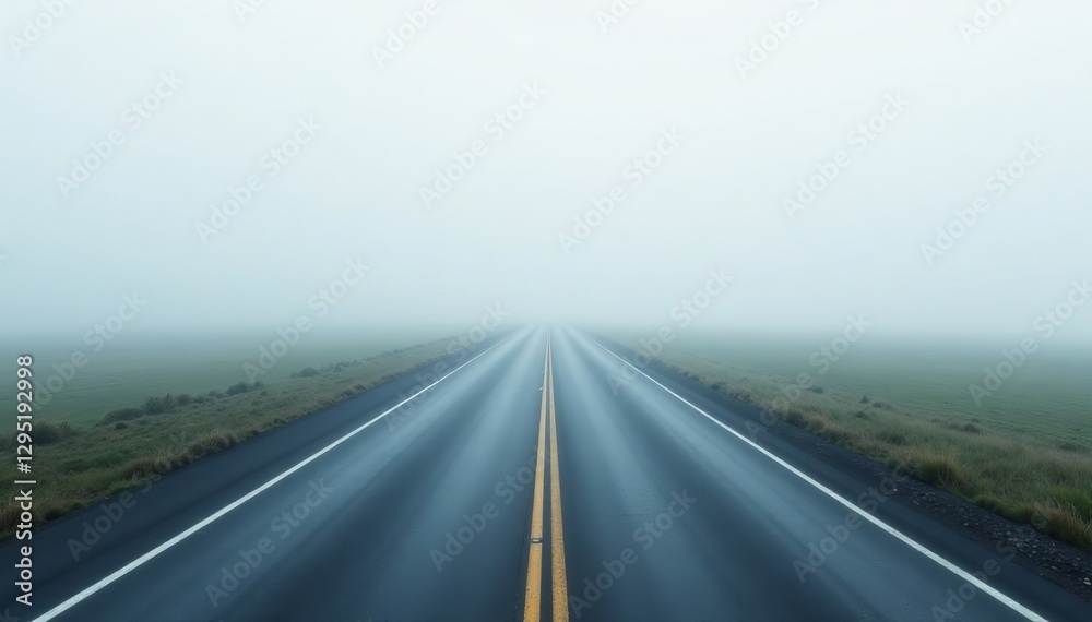 Fototapeta premium Endless white road disappearing into a misty horizon on a foggy day, mist, mysterious, disappear