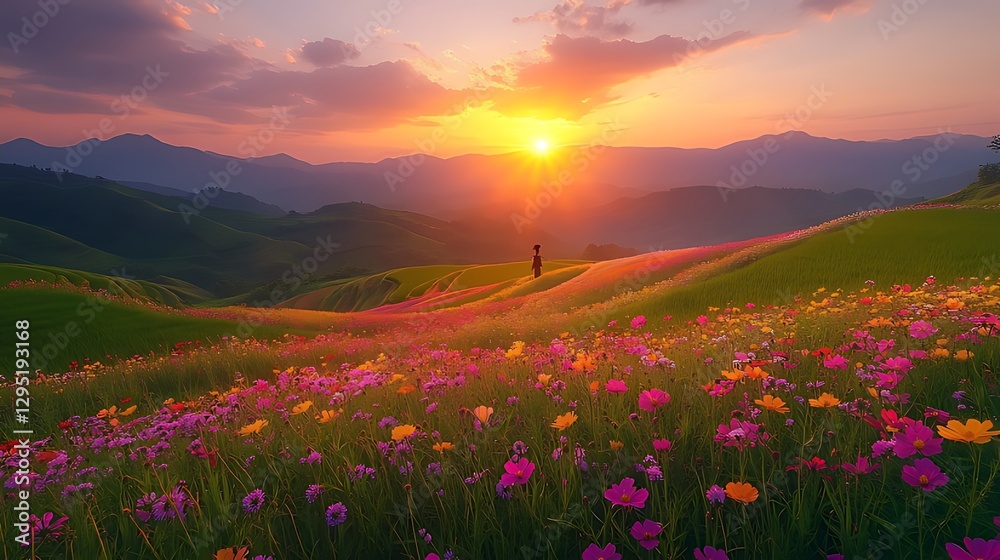 Obraz premium Woman silhouetted sunset mountain wildflowers landscape