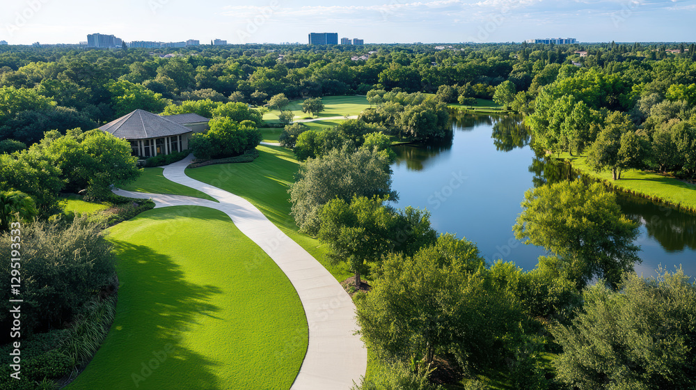 Aerial view of lush green golf course with serene lake and trees Aerial view of lush green golf course with serene lake and trees