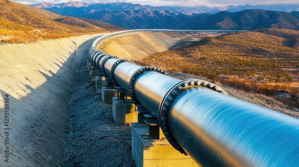 Long gas pipelines stretch into the horizon in an industrial landscape showcasing metallic textures and distant mountains. Generative AI Long gas pipelines stretch into the horizon in an industrial landscape showcasing metallic textures and distant mountains. Generative AI