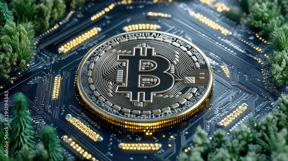 Fototapeta premium digital representation of cryptocurrency on circuit board surrounded by greenery