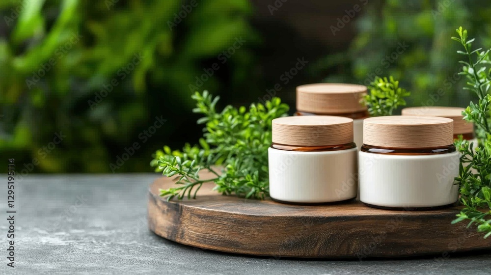 Three jars of skincare products displayed in a beauty store for retail exploration and consumer choice Three jars of skincare products displayed in a beauty store for retail exploration and consumer choice
