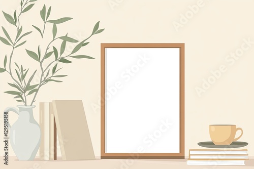 Empty Frame Displayed with Books and Plants on a Shelf