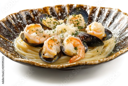 Pasta Dish with Seafood Garnished with Cheese and Herbs photo