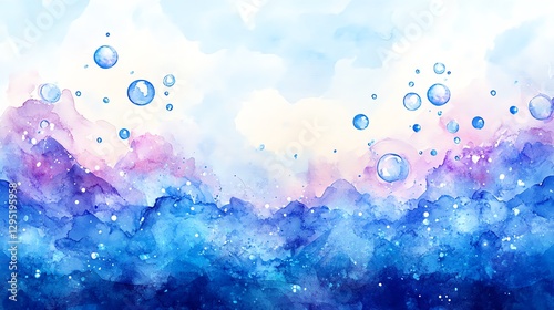 Watercolor Ocean Waves with Bubbles Abstract Painting