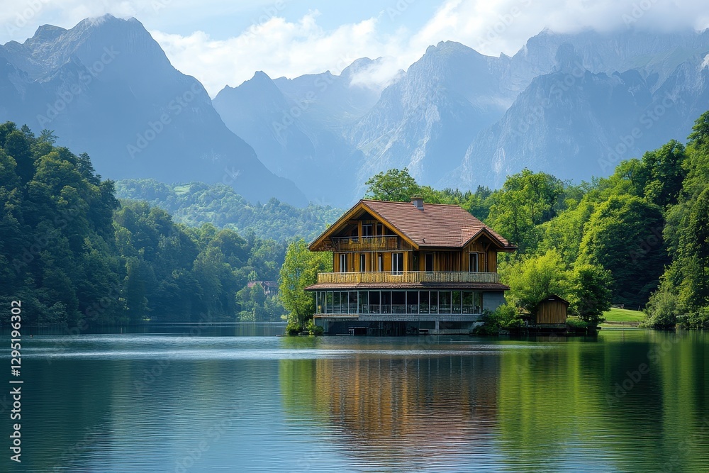 Naklejka premium Lake house nestled in a mountain valley. Perfect for travel, real estate, or nature themes.