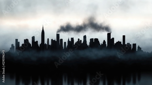 Urban skyline shrouded in mist and smoke