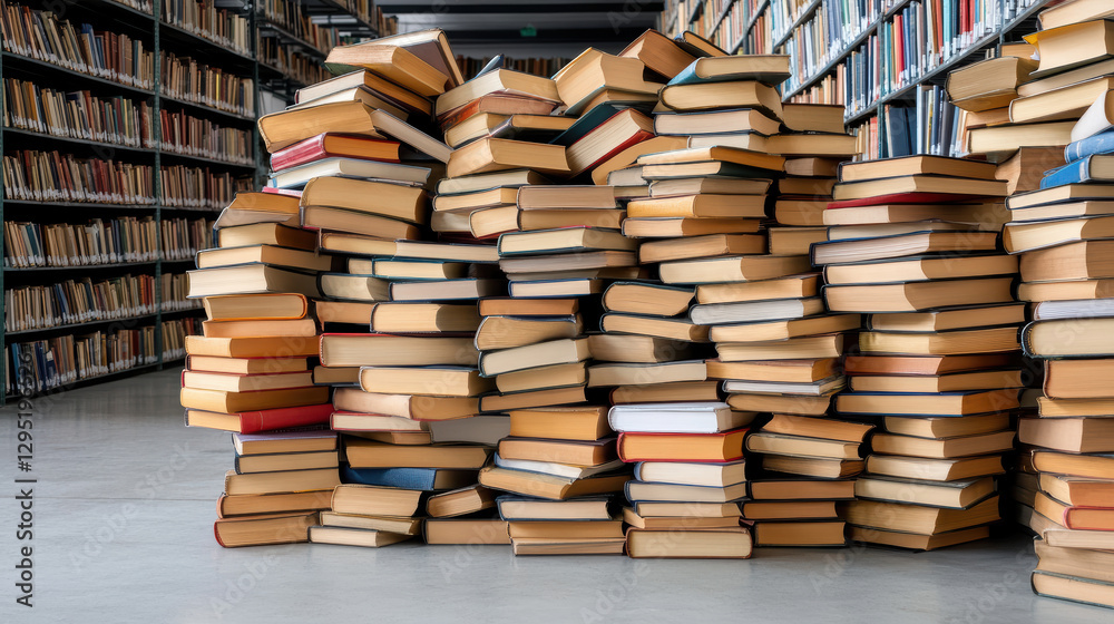 Piles of books stacked in library, showcasing love for reading