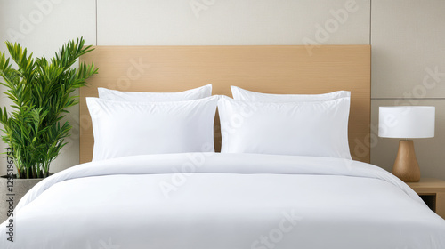 Fresh white linens on perfectly made hotel bed with cozy ambiance