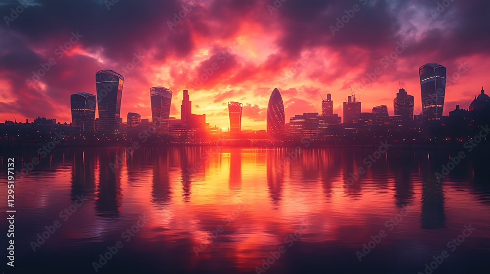 Fototapeta premium London sunrise cityscape reflection, fiery sky, river