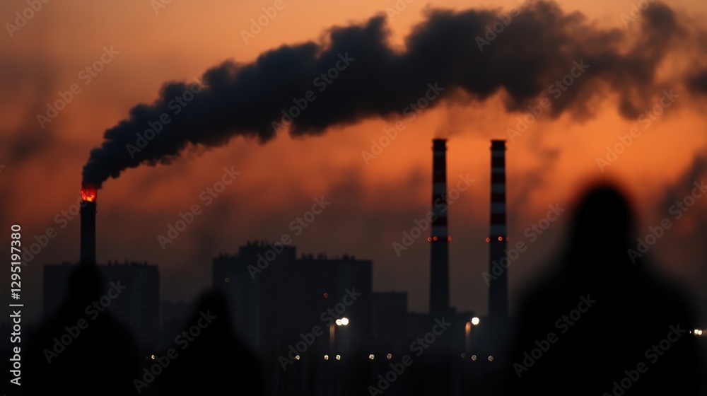 Industrial smokestacks emitting pollution at sunset Industrial smokestacks emitting pollution at sunset