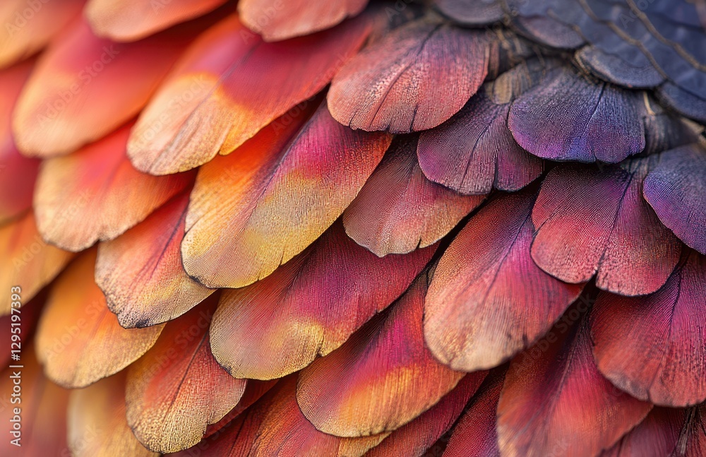Naklejka premium Vibrant Colorful Feathers in Nature Showcasing Textures and Patterns with Warm Gradients of Orange, Yellow, Red, and Purple Tones in Close Up Photography