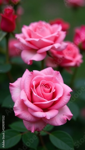 Close-up of vibrant pink roses in full bloom with soft focus background, romantic, delicate