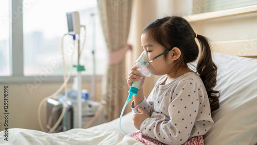 Sick little asian girl inhalation with nebulizer for respiratory treatment,clinic, make well, toddler, pneumonia, nasal, asian, young, care
