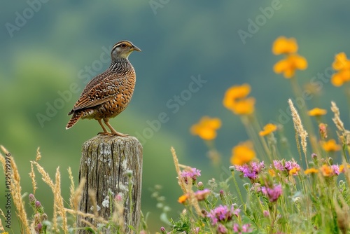 A hazel grouse perched on a weathered post, surrounded by wildflowers. Perfect for nature, wildlife, or springtime themes.