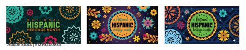 Hispanic Heritage Month text with floral motif and bright colored background.