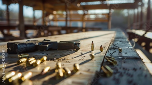 A gun on a firing range with empty bullet casings, capturing action and sport shooting
