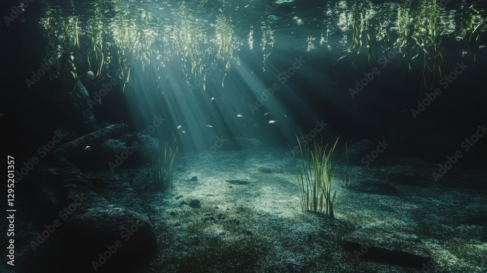 Fototapeta premium Glowing sea creature drifting in deep waters, a serene underwater encounter revealing nature's hidden wonders. 