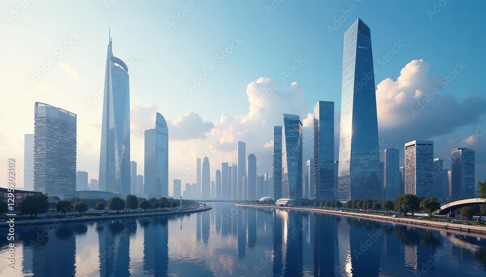 Fototapeta premium Futuristic cityscape with glass skyscrapers and reflective surfaces, high-rise, urban