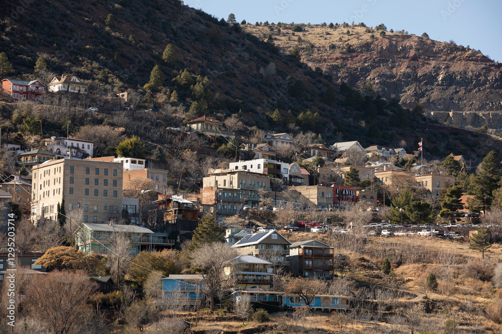 Obraz premium Late afternoon winter view of historic late Victorian era architecture in downtown Jerome, Arizona, USA.