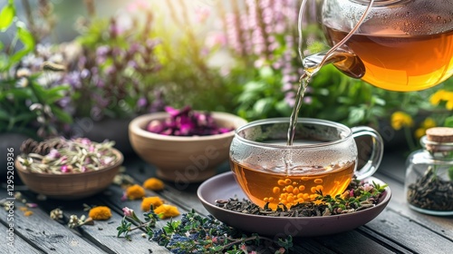 A hand pouring herbal tea from a teapot, with various dried herbs and flowers in the background, highlighting herbal medicine