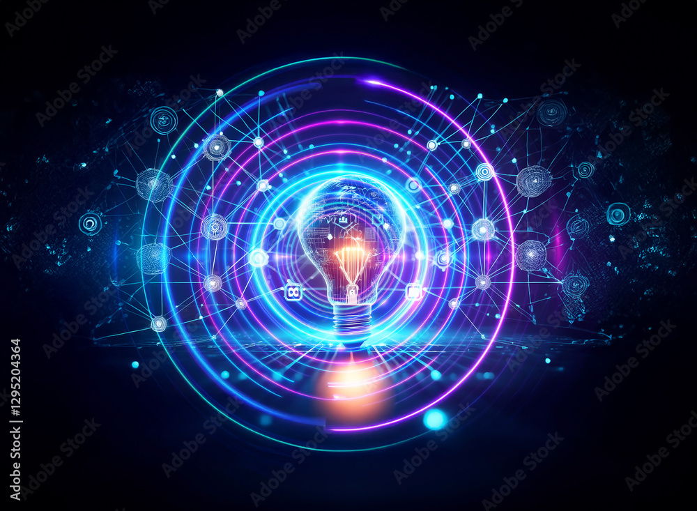 Fototapeta premium A glowing light bulb emits bright light surrounded by circles and network lines on a dark backdrop with double exposure effect.