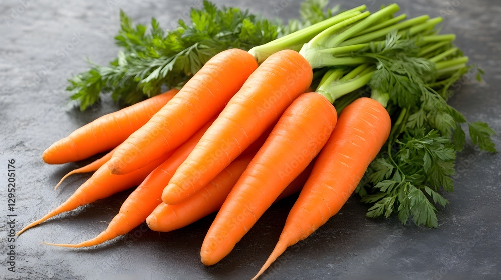 Fresh Organic Carrots Bunch with Green Tops on Dark Surface Fresh Organic Carrots Bunch with Green Tops on Dark Surface