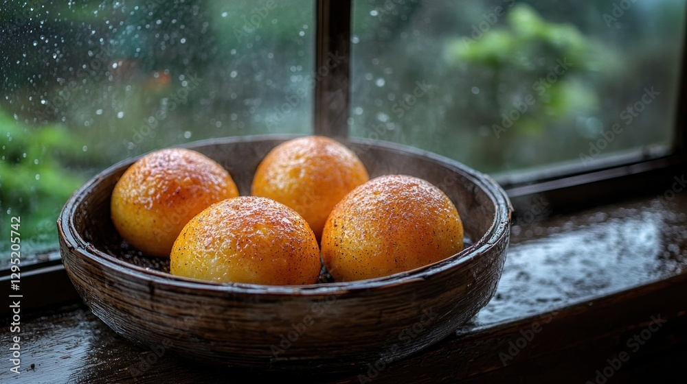 Obraz premium Steamed buns on windowsill, rainy day view