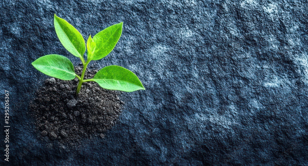 Naklejka premium Young plant sprouting from soil on dark rock; growth, nature, hope