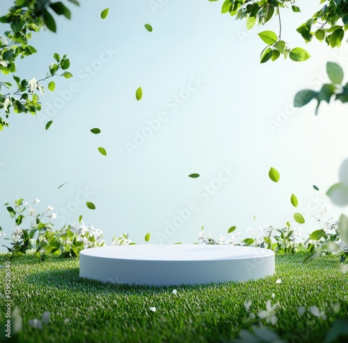 Empty white pedestal in a lush spring garden with falling leaves and blossoms