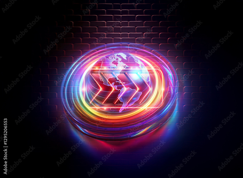 Obraz premium Vibrant neon globe and arrows with a double exposure effect create a dynamic abstract design. Light trails and bright colors glow against a dark brick textured backdrop.
