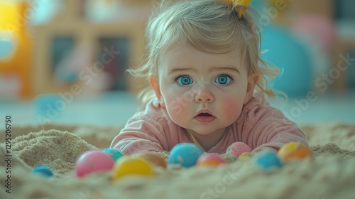 Baby girl playing with colorful eggs in sandpit