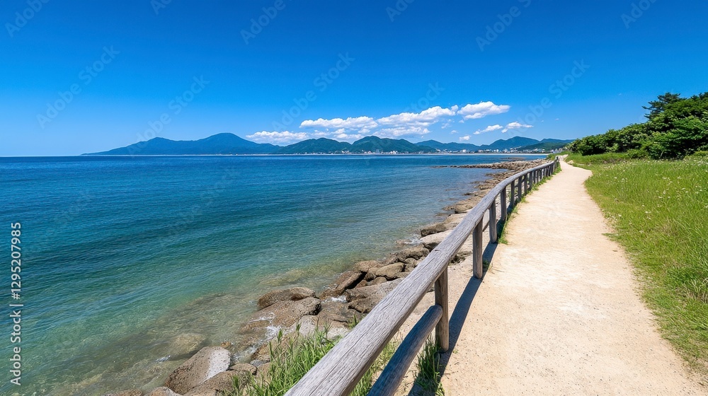 Scenic Coastal Pathway with Clear Blue Water and Sunny Skies Scenic Coastal Pathway with Clear Blue Water and Sunny Skies
