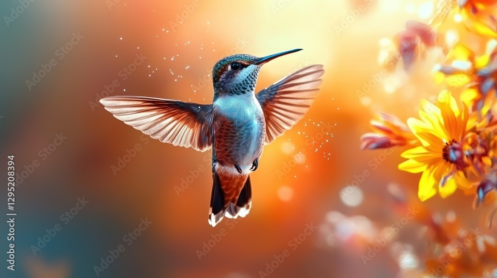 Fototapeta premium Hummingbird in flight, vibrant flowers, golden hour
