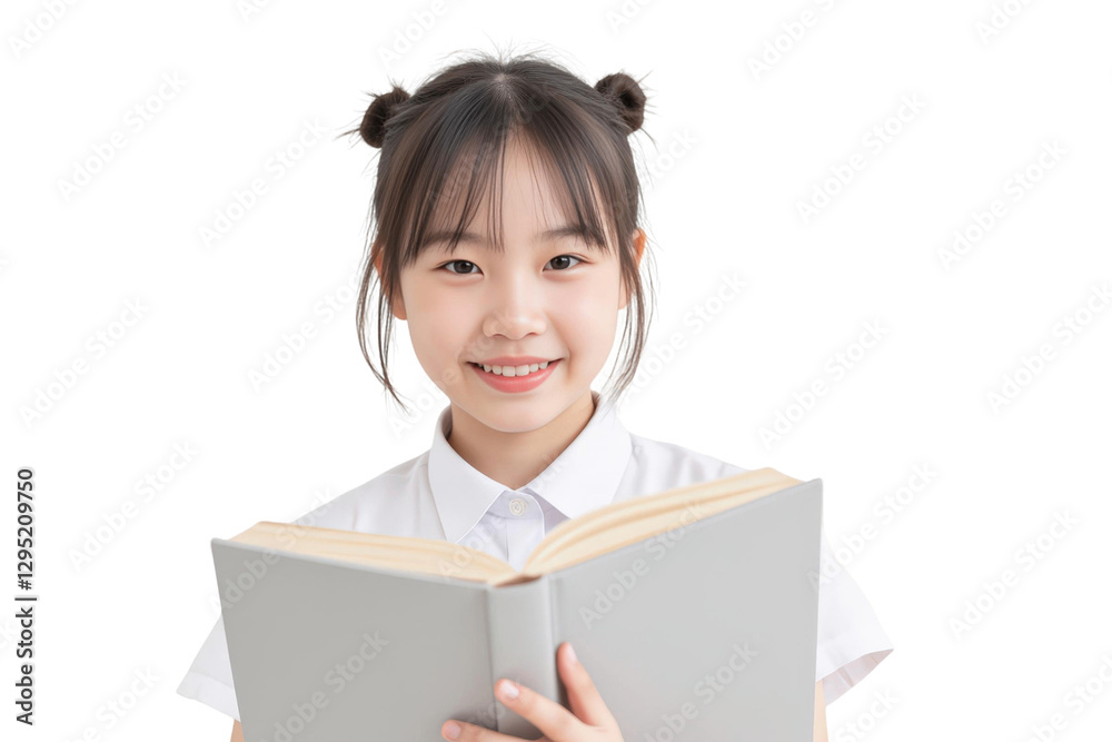 Portrait of a young school concept. A young woman smiles while holding an open book, isolated on transparent background. Portrait of a young school concept. A young woman smiles while holding an open book, isolated on transparent background.