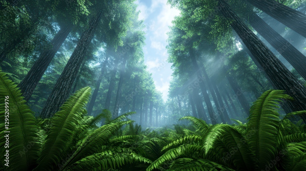 Serene Forest with Lush Ferns and Rays of Light Filtering Through Trees