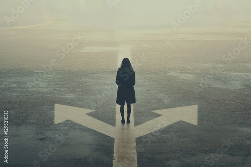 Woman facing crossroads, misty landscape, decision, future uncertainty, life choices