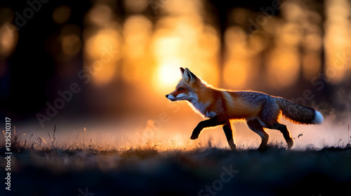 Red Fox Silhouette Running Through Field at Sunset photo