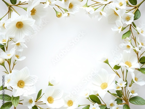 an image of a white flower frame with white flowers and green leaves, there is a white flower frame with white flowers on it photo