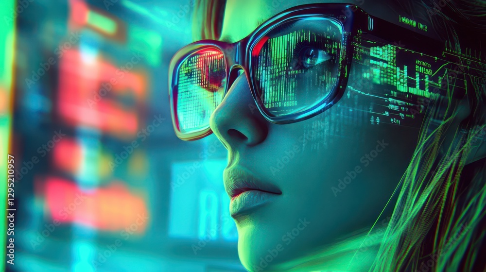 Woman coding, futuristic glasses, digital data, glowing background, tech concept Woman coding, futuristic glasses, digital data, glowing background, tech concept